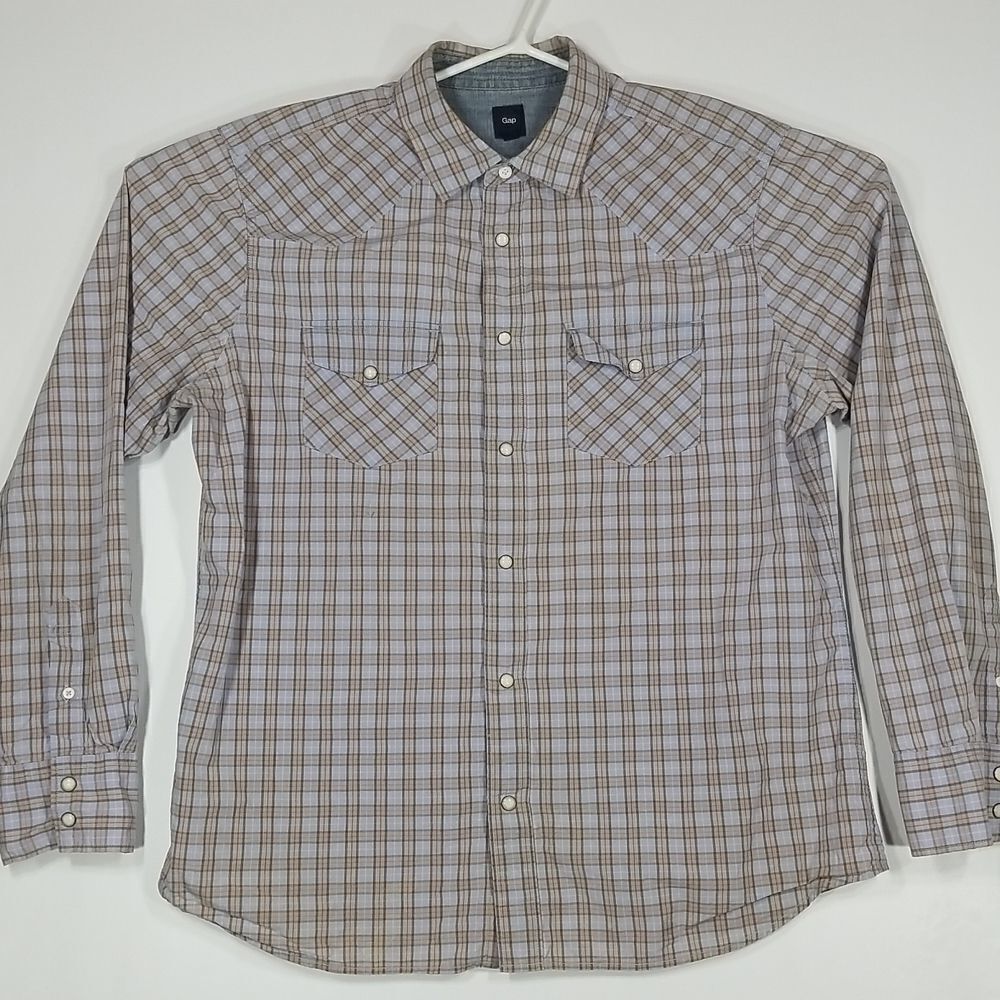 Gap Shirt Men's Large Plaid Pearl Snap Button Down Long Sleeve Cowboy Western